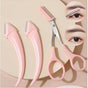 Set of pink eyebrow grooming tools on a beige background