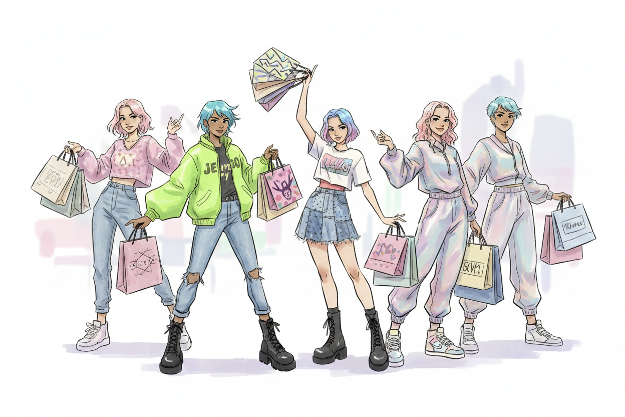 generate a full width character sketch of a group of young funky teens with shopping bags on their hand and ensure all the characters are aligned to the center and the opacity will be 40%